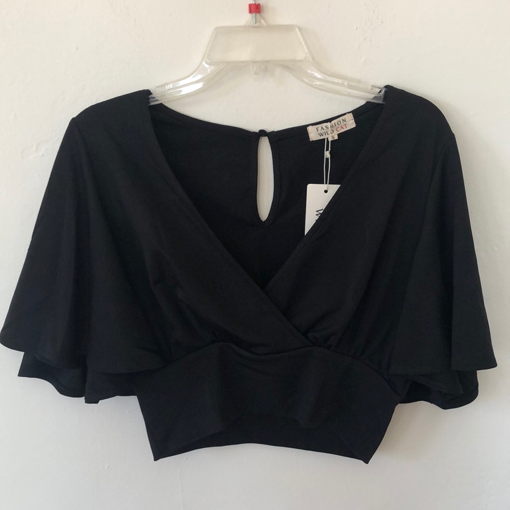 Black Flutter Sleeve Wrap Crop Top